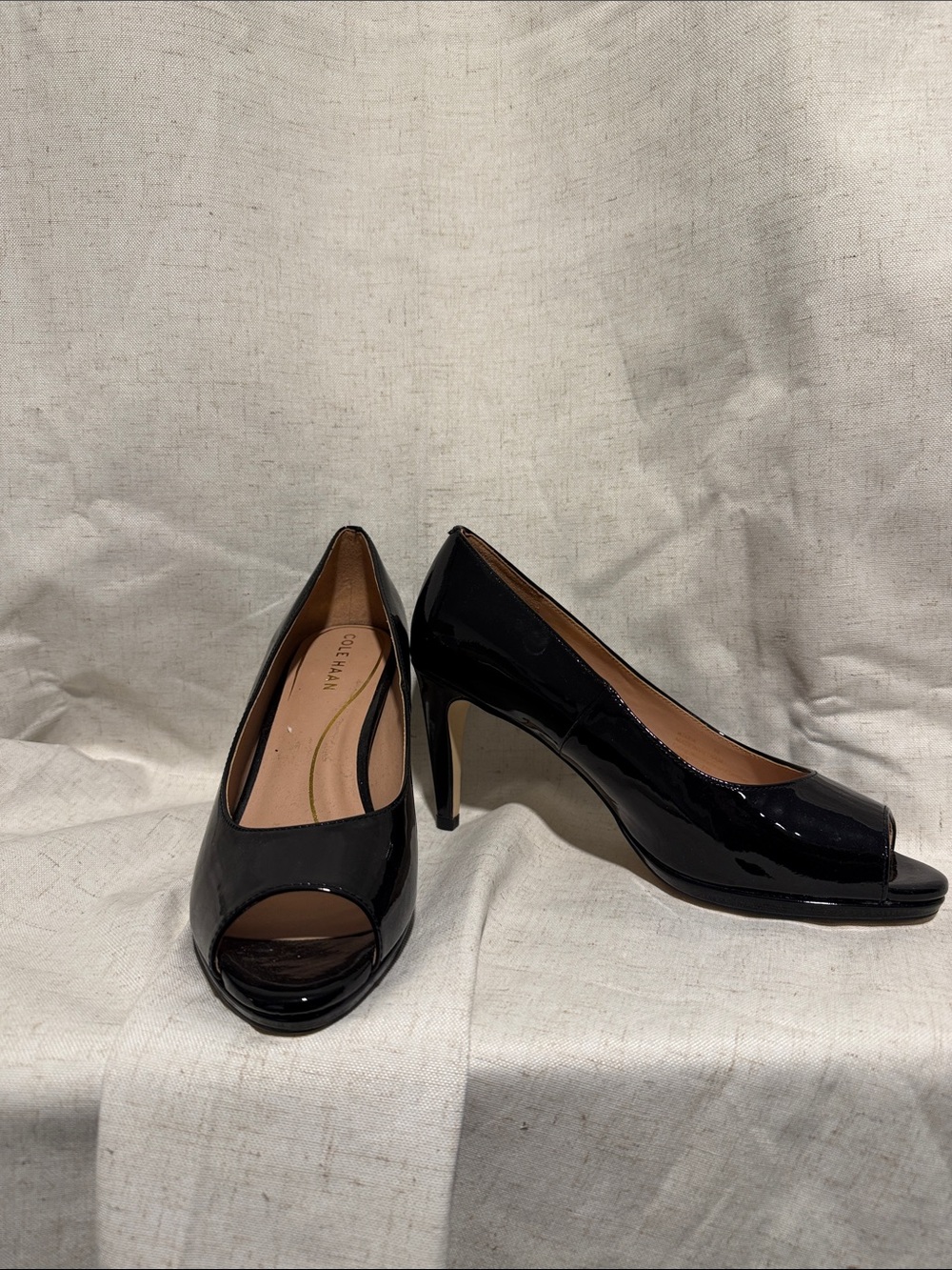 Cole Haan Black Patent Leather Peep-Toe Heels
